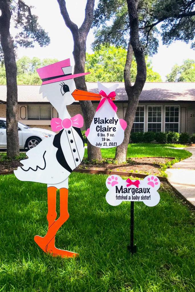 Pink Stork Yard Sign with Bone Sign